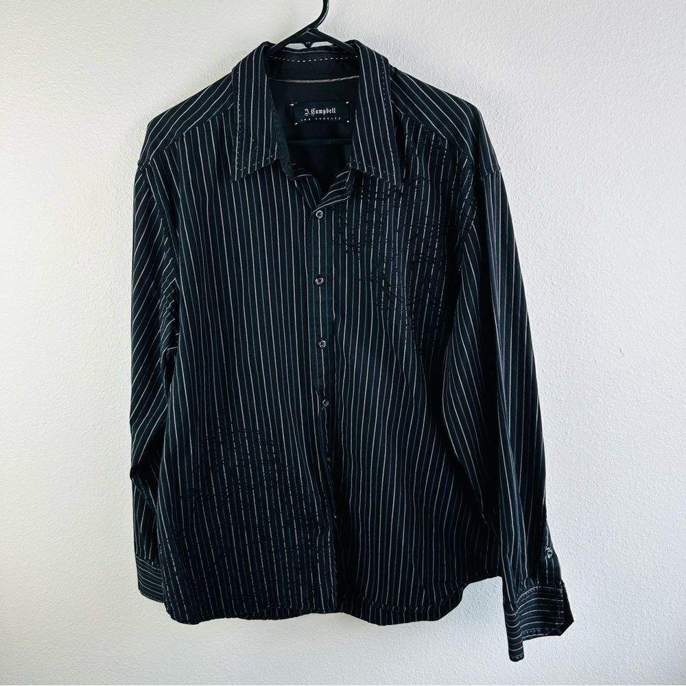 James Campbell Black White Stripe Velvet Embellished Button Shirt Size‎ XL